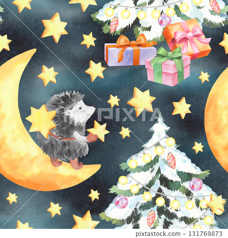 Seamless pattern of the moon, fir tree and hedgehog decorate the sky by stars. Watercolor illustration. For fabric, wallpaper, packing paper, greeting cards, design, decoration and illustration. 131769873