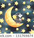 Seamless pattern of the hedgehog decorate the sky by stars a navy background. Watercolor illustration. For fabric, wallpaper, packing paper, greeting cards, design, decoration and illustration. 131769874