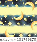 Seamless pattern of watercolor stars and moon on a stripe background. For fabric, wallpaper, packing paper, greeting cards, design, decoration and illustration. 131769875