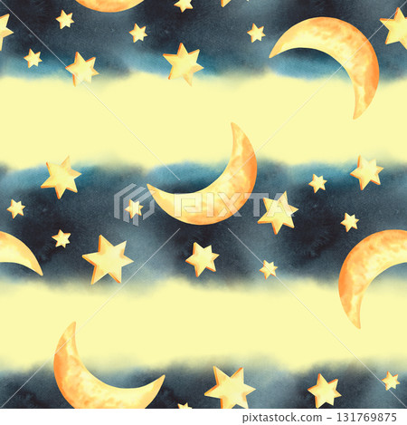 Seamless pattern of watercolor stars and moon on a stripe background. For fabric, wallpaper, packing paper, greeting cards, design, decoration and illustration. 131769875