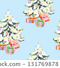 Seamless pattern of christmas tree and gifts on a blue background. For fabric, wallpaper, packing paper, greeting cards, design, decoration and illustration. 131769878