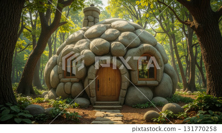 Cozy Stone Hobbit House Hidden in a Sunlit Forest with Pebble Exterior and Wooden Door Cozy Stone Hobbit House Hidden in a Sunlit Forest with Pebble Exterior and Wooden Door 131770258