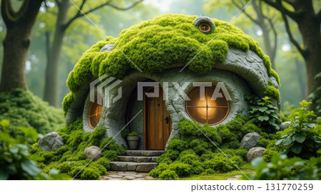 Moss-Covered Forest Cottage With Wooden Door And Warm Windows In Enchanted Woods 131770259