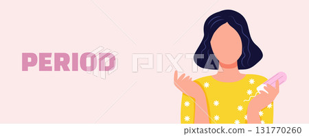 Vector illustration of a woman with a tampon on a pink background women period and menstruation banner. Gynecology, women health Vector illustration of a woman with a tampon on a pink background women period and menstruation banner. Gynecology, women health 131770260