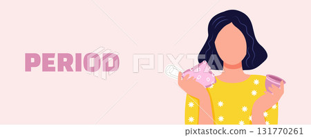 Vector illustration of a woman with sanitary pads and a menstrual cup on a pink background women period and menstruation banner. Gynecology, women health 131770261