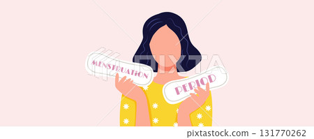 Vector illustration of a woman holding a sanitary pads on a pink background banner on the topic of women periods and menstruation. Gynecology and women health 131770262