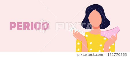 Vector illustration of a woman with a sanitary pad and panties on a pink background women period and menstruation banner. Gynecology and women health Vector illustration of a woman with a sanitary pad and panties on a pink background women period and menstruation banner. Gynecology and women health 131770263