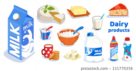 Set of dairy products icons in flat style isolated on white background. Vector collection for food design, packaging, grocery advertising, healthy nutrition and organic farm concepts Set of dairy products icons in flat style isolated on white background. Vector collection for food design, packaging, grocery advertising, healthy nutrition and organic farm concepts 131770356