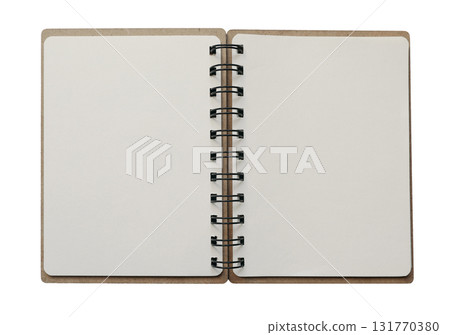 Opened spiral notebook isolated on transparent background. Empty diary, planner. Writing, notes, school or organization concept, cut out graphic object. Spring sketchbook stationery, top view. 131770380