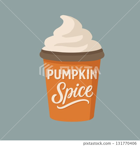 Autumn hot drink greeting card, invitation. Handwritten Pumpkin spice text. Hand drawn cup of hot chocolate, coffee, latte.Vector illustration poster, vintage retro lettering. Fall flat design. 131770406