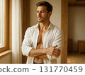 Muscular Beauty on a Quiet Morning: A Male Portrait Reflecting Inner Calmness 131770459