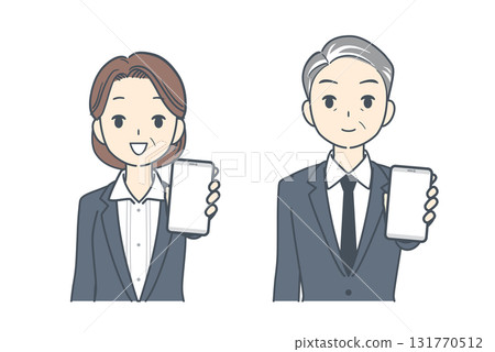 Illustration of a middle-aged businessman and a middle-aged businesswoman pointing at their smartphones 131770512