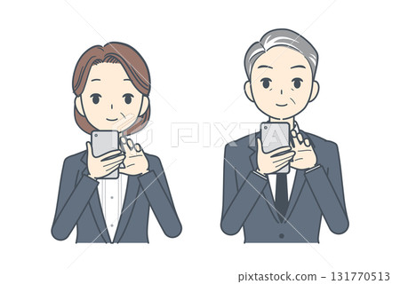 一位中年商人和一位中年女商人操作智慧型手機的插圖 一位中年商人和一位中年女商人操作智慧型手機的插圖 131770513