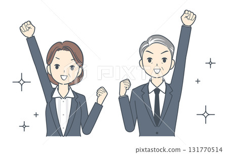 Illustration of a middle-aged businessman and a middle-aged businesswoman raising their fists and making a fist pump Illustration of a middle-aged businessman and a middle-aged businesswoman raising their fists and making a fist pump 131770514