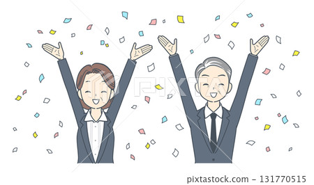 圖：一位中年商人和一位中年女商人用五彩紙屑歡呼，兩個人，上半身 131770515