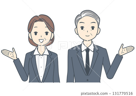 Illustration of a middle-aged businessman and a middle-aged businesswoman giving directions Illustration of a middle-aged businessman and a middle-aged businesswoman giving directions 131770516