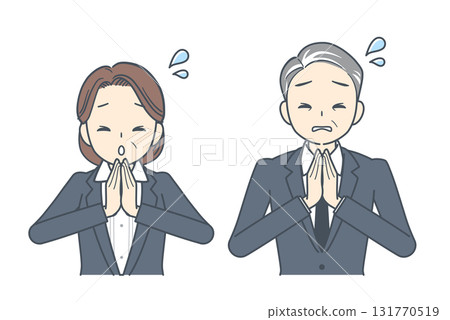 Illustration of a middle-aged businessman and a middle-aged businesswoman apologizing with their hands together 131770519