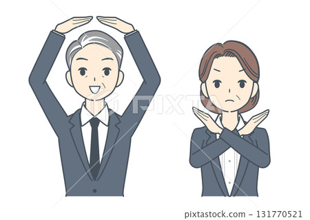 Illustration of a middle-aged businessman giving an OK sign and a middle-aged businesswoman giving a refusal sign Illustration of a middle-aged businessman giving an OK sign and a middle-aged businesswoman giving a refusal sign 131770521