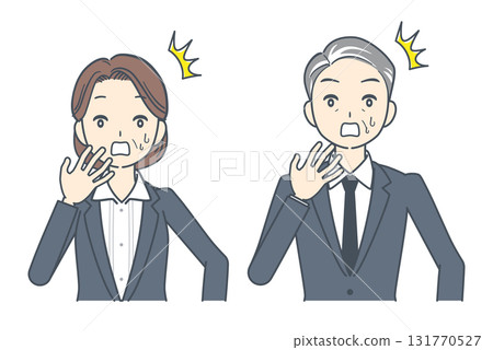 Illustration of a shocked middle-aged businessman and middle-aged businesswoman Illustration of a shocked middle-aged businessman and middle-aged businesswoman 131770527