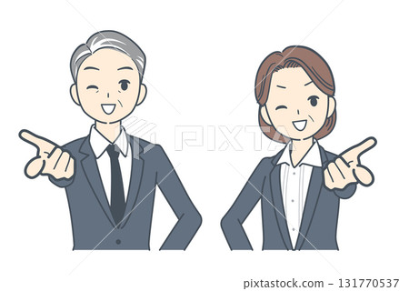 一位中年商人和一位中年女商人面帶微笑地指向前方的插圖 131770537