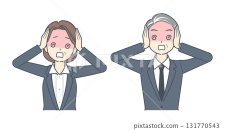 一位中年商人和一位中年女商人抱頭困惑的插圖 131770543