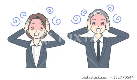 一位中年商人和一位中年女商人抱頭困惑的插圖 131770544