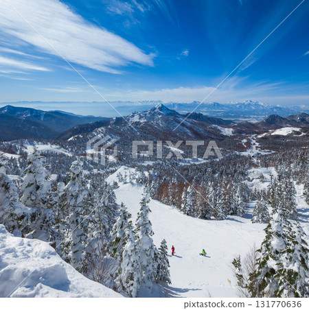 從滑雪勝地的高處可以欣賞到山坡和白雪皚皚的山脈的壯麗全景（長野縣，志賀高原，橫手山） 131770636