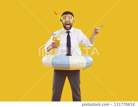 Happy office worker is happy to go on summer annual vacation to sea and advertises resort. Happy office worker is happy to go on summer annual vacation to sea and advertises resort. 131770658