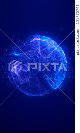 Abstract digital blue sphere formed by glowing particles against a dark blue background Abstract digital blue sphere formed by glowing particles against a dark blue background 131770741