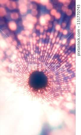 Bright glowing tunnel of pink and violet light dots radiating into a dark circular void 131770745