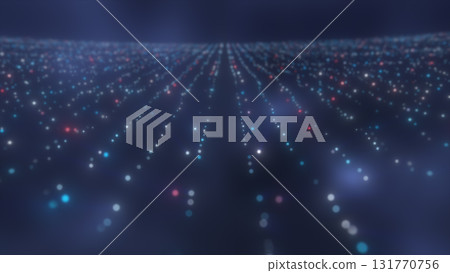 Dark field of glowing blue, red, and white light dots aligned in vertical trajectories with a digital depth effect Dark field of glowing blue, red, and white light dots aligned in vertical trajectories with a digital depth effect 131770756