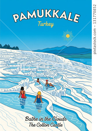 Vintage travel poster, Pamukkale, Turkey, art in the style of retro illustration 131770852