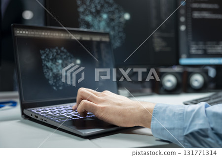 Close up of programmer typing on laptop keyboard, optimizing performance with AI assistant analysis. Data center IT expert using notebook to speed up tasks by following LLM chatbot suggestions Close up of programmer typing on laptop keyboard, optimizing performance with AI assistant analysis. Data center IT expert using notebook to speed up tasks by following LLM chatbot suggestions 131771314