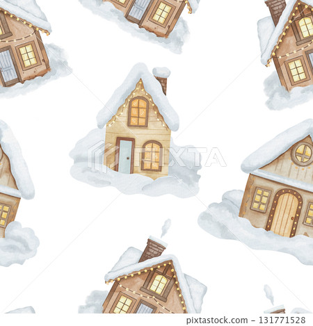 Seamless watercolor pattern with wooden houses, snowdrifts, lights, and garlands on the windows. Snow-covered cottages, white background Seamless watercolor pattern with wooden houses, snowdrifts, lights, and garlands on the windows. Snow-covered cottages, white background 131771528