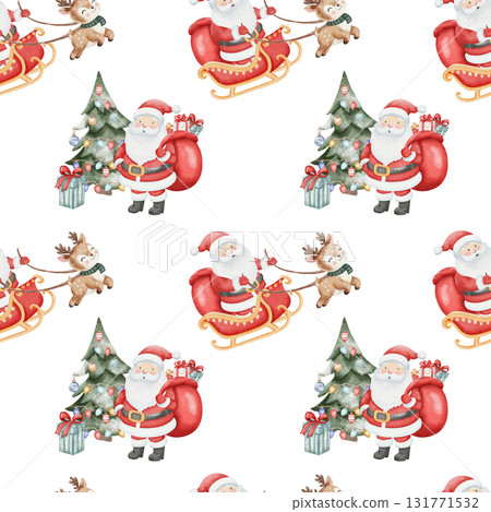 Seamless Christmas pattern with Santa Claus, reindeer, sleigh, decorated Christmas tree and gifts. Watercolor festive illustration on white background for holiday wrapping and design. Seamless Christmas pattern with Santa Claus, reindeer, sleigh, decorated Christmas tree and gifts. Watercolor festive illustration on white background for holiday wrapping and design. 131771532