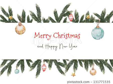 Watercolor Christmas card with pine branches, golden stars, and colorful baubles. Festive Merry Christmas and Happy New Year text on white background. Elegant holiday greeting design Watercolor Christmas card with pine branches, golden stars, and colorful baubles. Festive Merry Christmas and Happy New Year text on white background. Elegant holiday greeting design 131771535