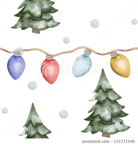 Seamless watercolor pattern featuring snow-covered Christmas trees, multicolored fairy lights, blue snowflakes on white background. Winter holiday design for wrapping, fabric, or festive decorations Seamless watercolor pattern featuring snow-covered Christmas trees, multicolored fairy lights, blue snowflakes on white background. Winter holiday design for wrapping, fabric, or festive decorations 131771540