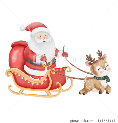 Watercolor illustration of Santa Claus riding red sleigh with gift bag, pulled by cute reindeer in green scarf. White background, adorable childish Christmas style 131771541