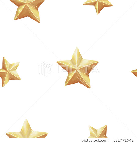 Seamless watercolor pattern with shining gold stars on white background. Illustration for wrapping paper, holidays, Christmas, space. 131771542