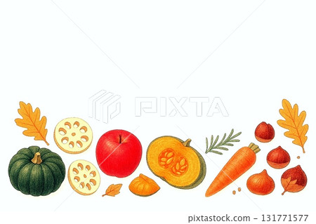 秋季風味插圖集：南瓜、栗子、蘑菇和水果等水彩框架材料 131771577