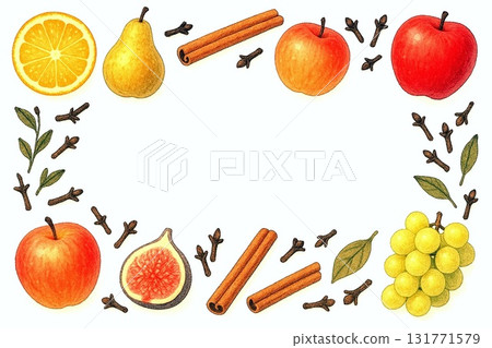 Autumn flavors illustration set: Watercolor frame materials including pumpkins, chestnuts, mushrooms, and fruits 131771579