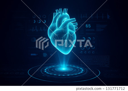 AI generated digital artwork of a glowing holographic human heart with futuristic medical interface and health data visualization in sci fi style 131771712