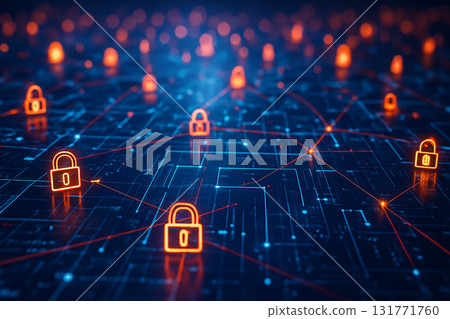 AI generated digital visualization of cybersecurity and data encryption with glowing padlocks on network grid showing secure connections and modern protection 131771760