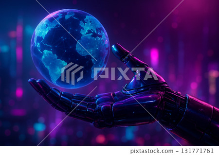 AI generated ultra realistic cyberpunk digital art of robotic hand holding glowing Earth surrounded by neon lights symbolizing future technology power imagination and limitless possibilities 131771761