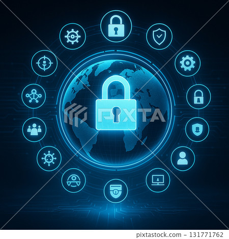 AI generated digital illustration of global cybersecurity with glowing padlock and network icons representing worldwide data protection and trust in future technology 131771762