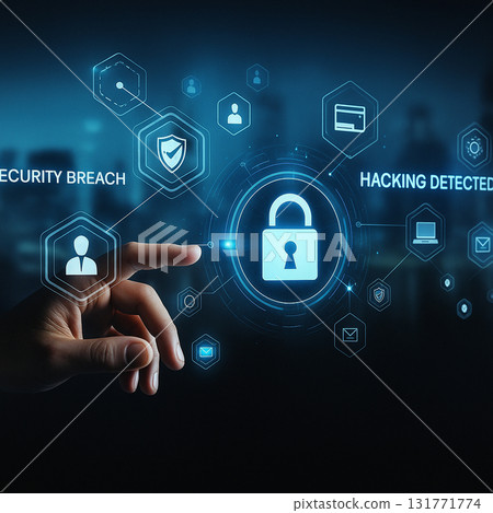 AI generated digital visualization of cybersecurity system with hacking detection warning padlock shield icons and holographic interface in futuristic blue tones 131771774