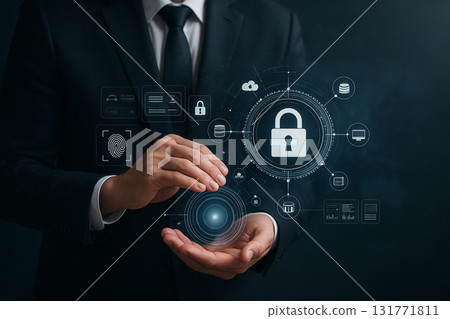 AI generated businessman holding glowing digital lock interface symbolizing cybersecurity data protection privacy encryption secure access and modern technology trust 131771811