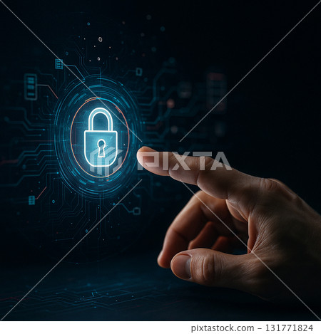 AI generated hand touching holographic padlock symbol representing cybersecurity data protection privacy encryption and secure digital technology with futuristic interface 131771824
