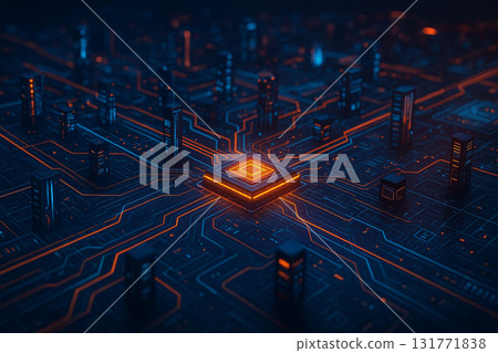 AI generated concept of futuristic microchip glowing in digital network city symbolizing technology innovation data processing connection and advanced electronic system AI generated concept of futuristic microchip glowing in digital network city symbolizing technology innovation data processing connection and advanced electronic system 131771838