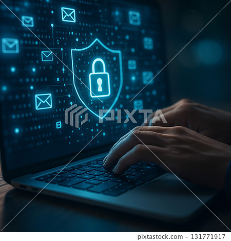 AI generated concept of secure email communication with glowing lock shield symbol on laptop screen representing cybersecurity privacy data protection and safe digital messaging 131771917